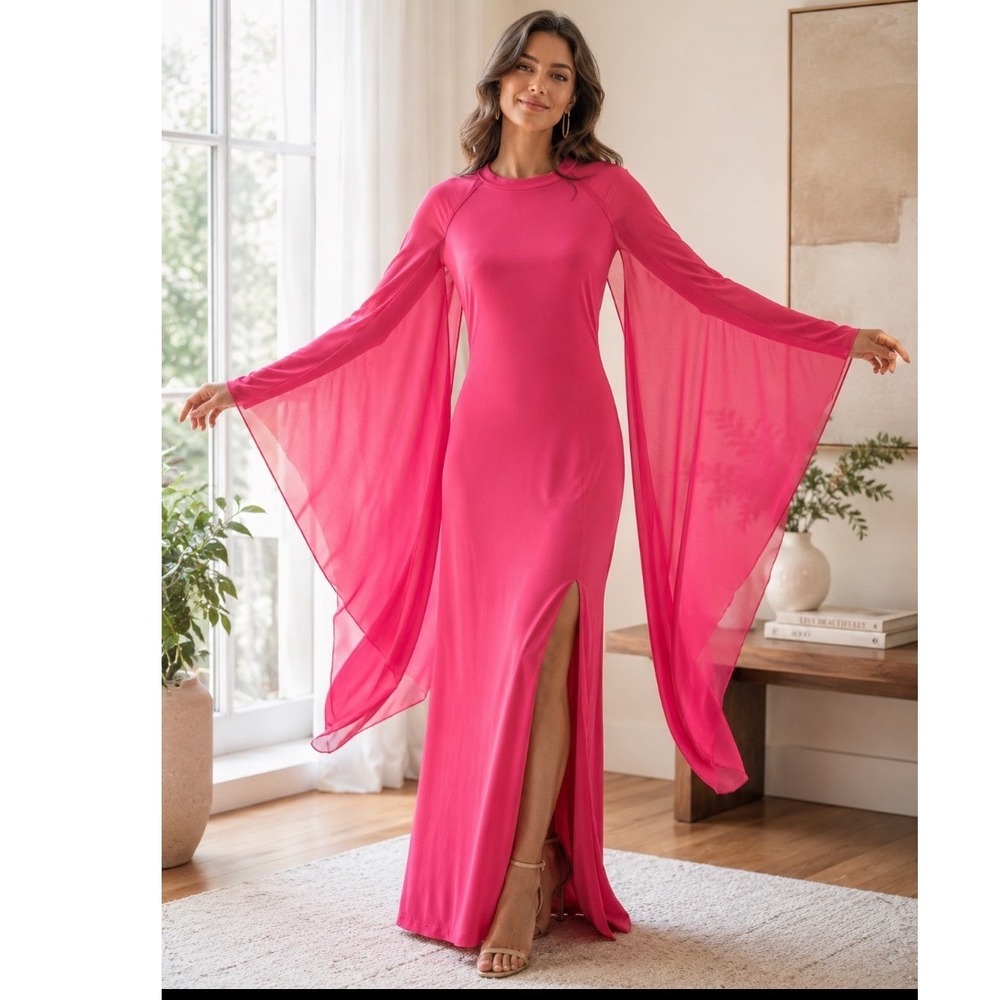 Hot‎ Pink Cape Sleeve Maxi Dress Mock Neck Front Slit Formal Gown sz L